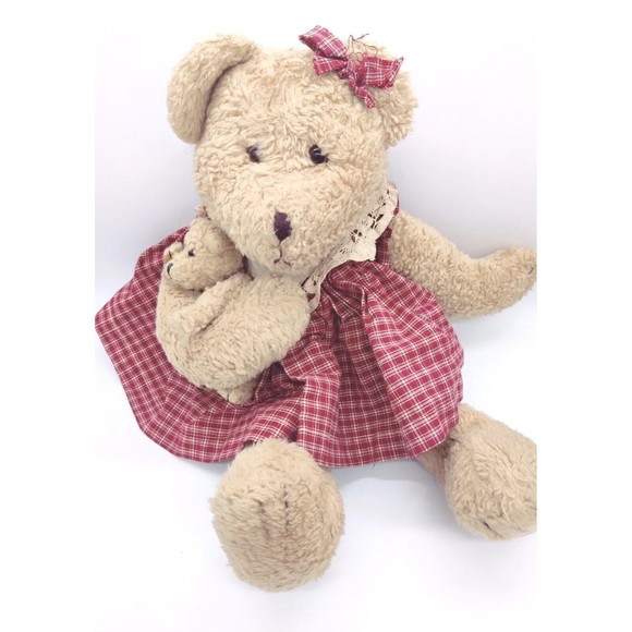 Vintage Mama & Baby Plush Boyds 18" Bear Teddy Cute Primative Plaid Dress Mom - Picture 2 of 9